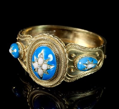 Lot 248 - A Victorian diamond, coral and enamel bangle,...