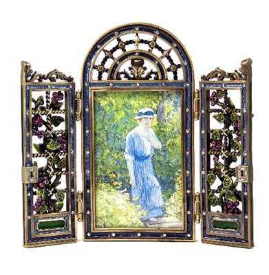 Lot 270 - An enamel and gem set triptych photograph...