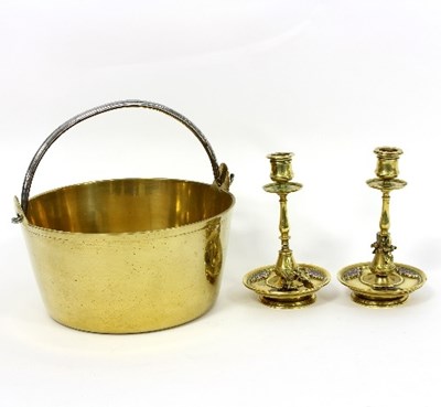 Lot 303 - A brass preserving pan and a pair of brass...