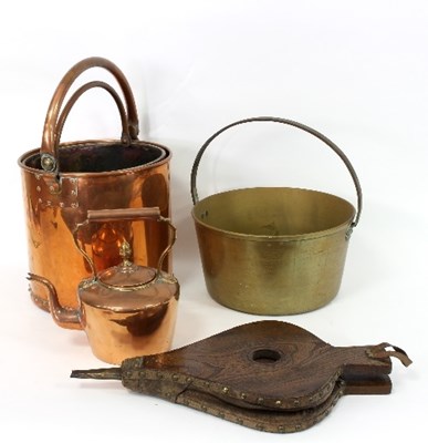 Lot 304 - A brass coal bucket, a pair of bellows, a...