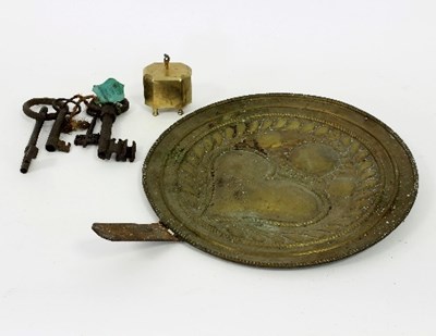 Lot 321 - Four old metal keys, a brass dish and a brass...