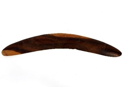 Lot 328 - A hardwood boomerang, incised leaves, 56cm long