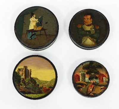 Lot 337 - Four papier-m?ch? snuff boxes, one depicting...