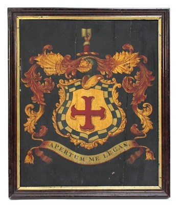 Lot 365 - A painted armorial panel, with motto 'Apertum...