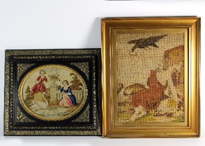 Lot 385 - An oval needlework picture of two girls with a...