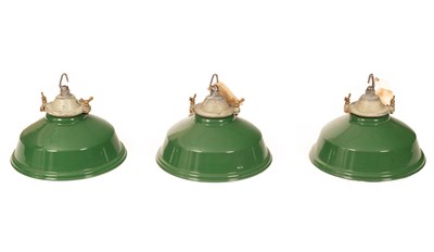 Lot 255 - Three green enamel ceiling pendants