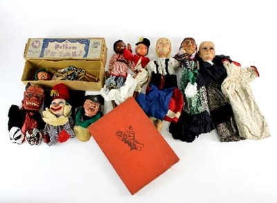 Lot 429 - Six hand puppets, four with carved heads, a...