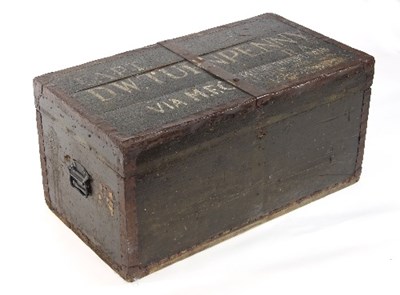 Lot 508 - A black painted wooden trunk with metal mounts,...