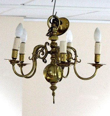 Lot 600 - A brass five-light electrolier of Dutch style...