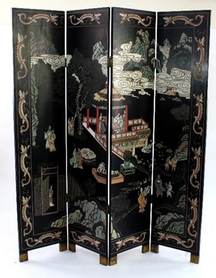 Lot 609 - A Japanese wooden painted four-fold screen...