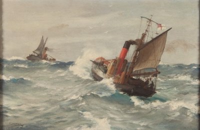 Lot 895 - Montague Dawson (British 1890-1973)/Tugs in...