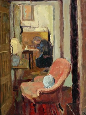 Lot 905 - James Hague/The Pink Chair/initialled/oil on...