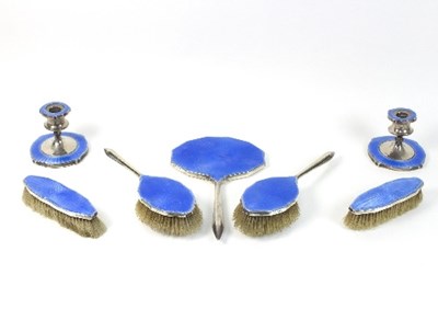 Lot 41 - A silver and blue guilloche enamel dressing...