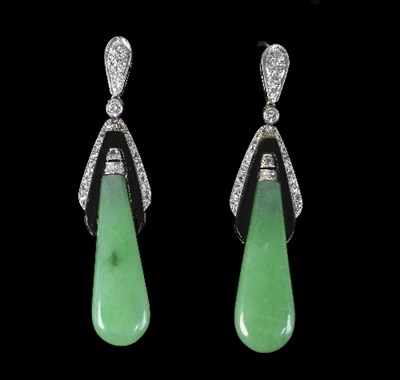 Lot 260 - A pair of jade, onyx and diamond pendant...