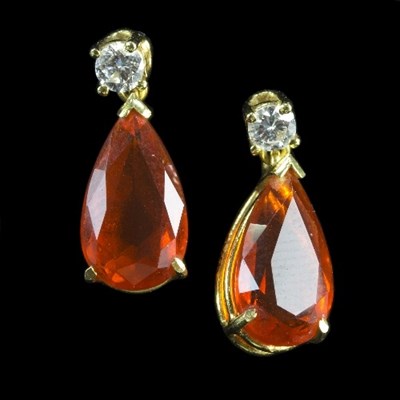 Lot 294 - A pair of fire opal and diamond pendant...