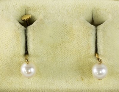 Lot 303 - A pair of 18ct gold and pearl pendant earrings,...