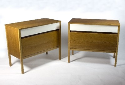 Lot 409 - G-Plan, a pair of teak and painted bedside...