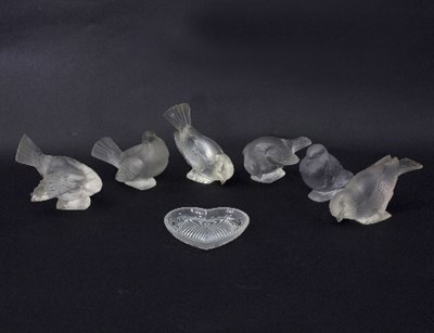 Lot 595 - Lalique, six glass models of birds and a heart...