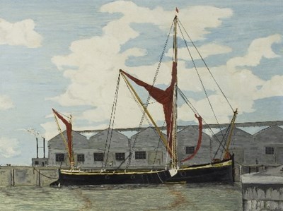 Lot 887 - E Orton/Sailing Barge at the Wharf at...