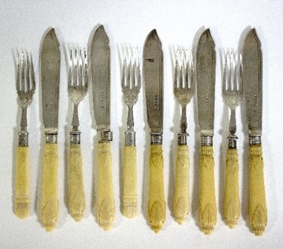 Lot 519 - Five ivory handled fish knives and forks with...