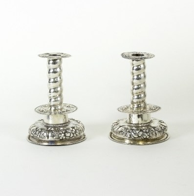 Lot 527 - A pair of Dutch style silver candlesticks,...