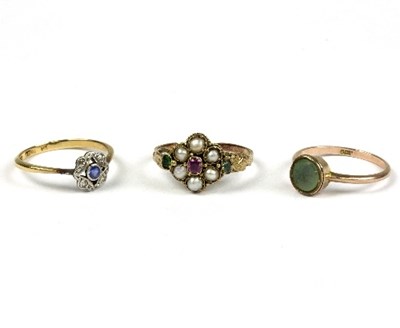 Lot 593 - A pearl, emerald and ruby cluster ring, circa...