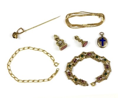 Lot 596 - A gilt metal and paste set bracelet, a tie pin...