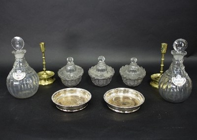 Lot 634 - A pair of triple ring neck glass decanters...