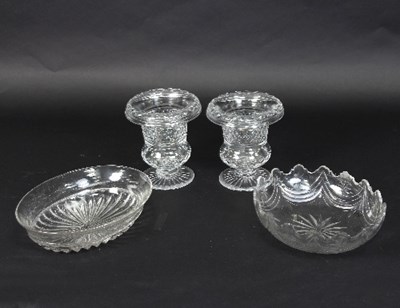 Lot 640 - A pair of cut glass thistle shaped vases, 15cm...