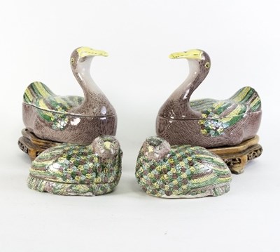 Lot 699 - A pair of Chinese duck tureens on wooden...