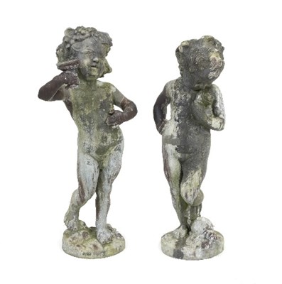 Lot 753 - Two lead putti, one holding a flower, 78cm...