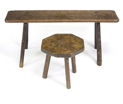 Lot 773 - A rustic oak bench, 86cm wide and a small elm...