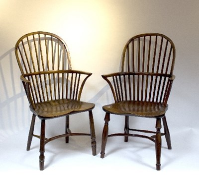 Lot 901 - Two stick back chairs in yew with elm seats on...