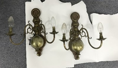 Lot 938 - Two Dutch brass two-branch wall lights and a...