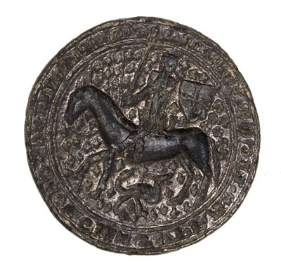 Lot 1171 - A bronze Medieval seal depicting a knight on...