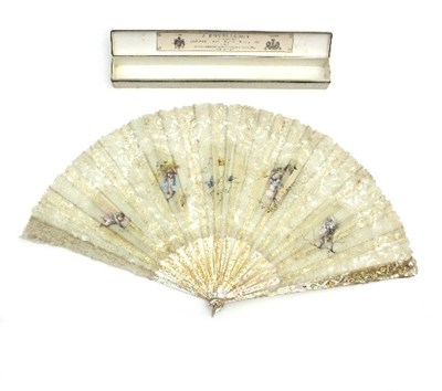 Lot 1221 - A Brussels lace fan, the floral gauze set four...