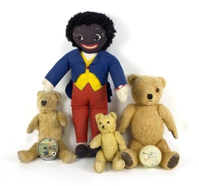 Lot 1236 - Three teddy bears, a Robertson's ragdoll...