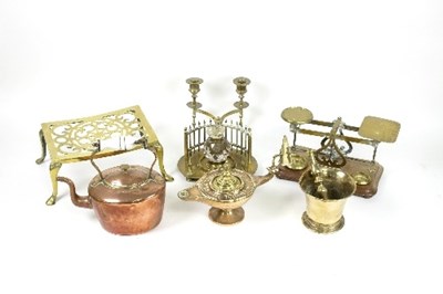 Lot 1258 - A set of brass postal scales and weights and...