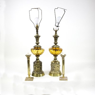 Lot 1264 - A pair of brass and amber glass table lamps,...