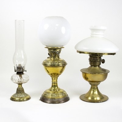 Lot 1268 - A Victorian brass oil lamp, with opaque white...