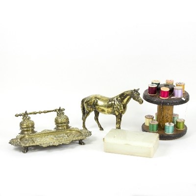 Lot 1270 - A brass desk inkstand, a brass model of a...