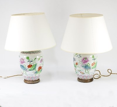 Lot 1329 - A pair of Chinese table lamps, decorated...