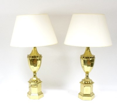 Lot 1330 - A pair of brass table lamps of urn shape, each...