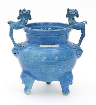 Lot 208 - A Chinese turquoise glaze censer with dog...