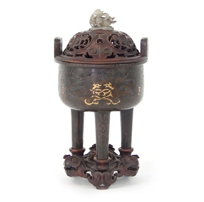 Lot 267 - A Chinese bronze ding incised in gold and...