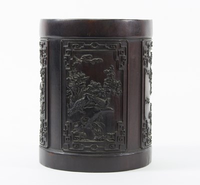 Lot 275 - A Chinese hardwood brush pot, carved with...