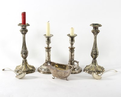 Lot 348 - A pair of plated telescopic candlesticks with...