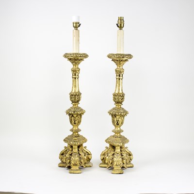 Lot 435 - A pair of Italian style altar candlesticks,...