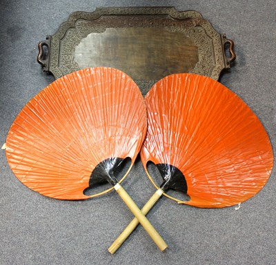 Lot 479 - A shaped hardwood Eastern tray with floral...