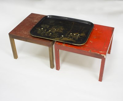 Lot 654 - A pair of Chinese red lacquer tables, 52cm...